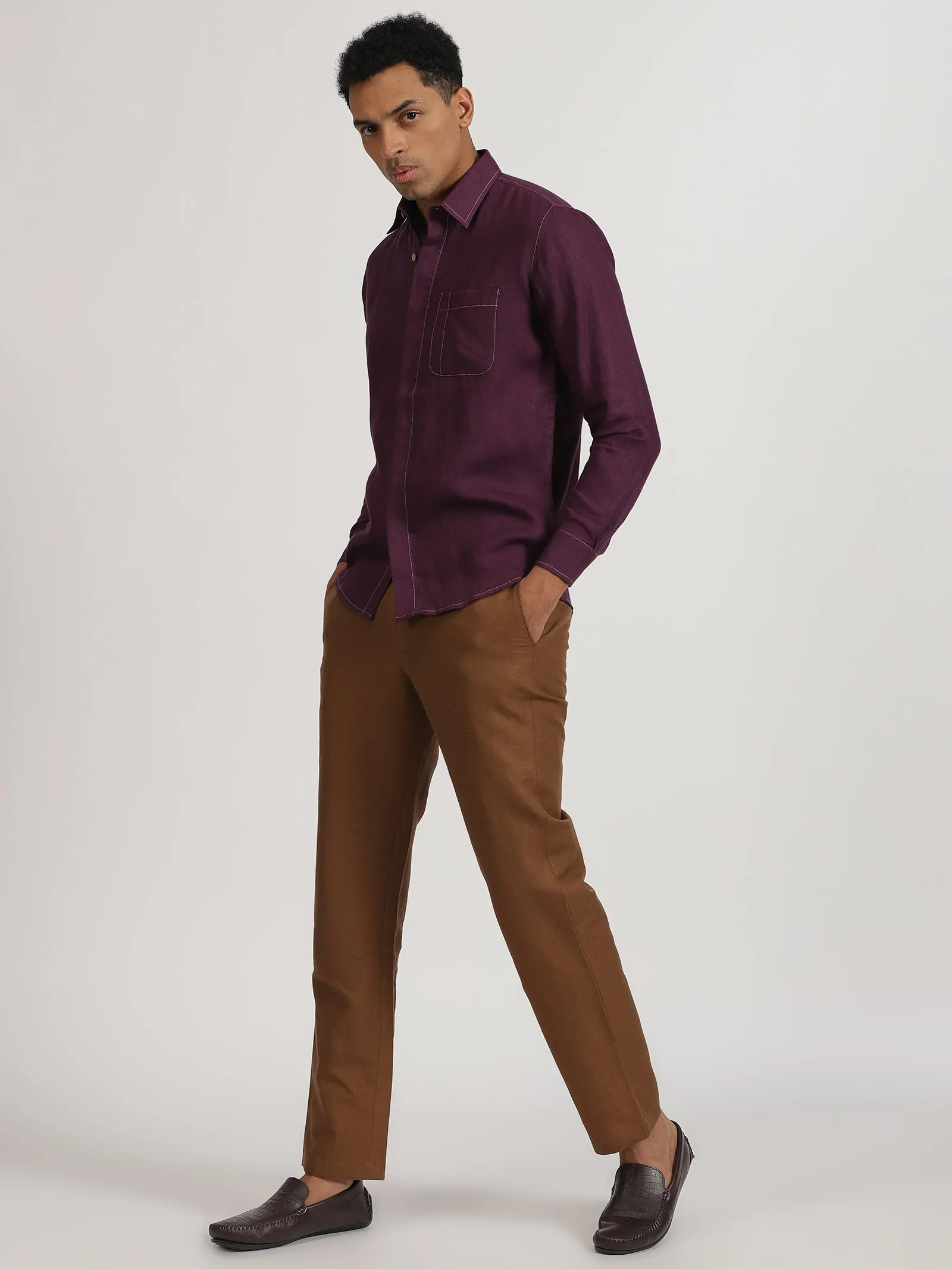 Paul - Pure Linen Stitch Detailed Full Sleeve Shirt - Dark Purple