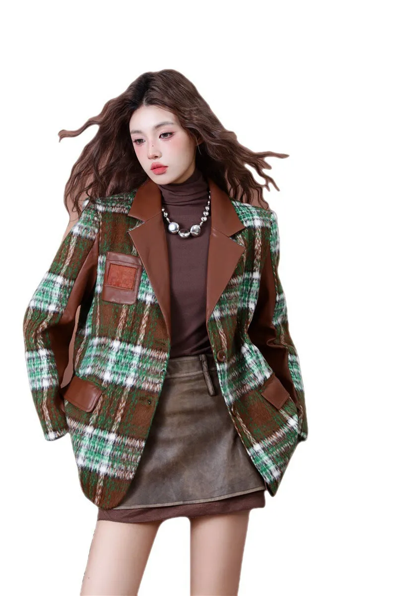 Plaid Patchwork Single-Breasted Parka Coat