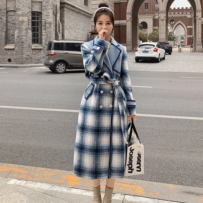 Plaid Spliced Double-Breasted Trench Coat with Belt