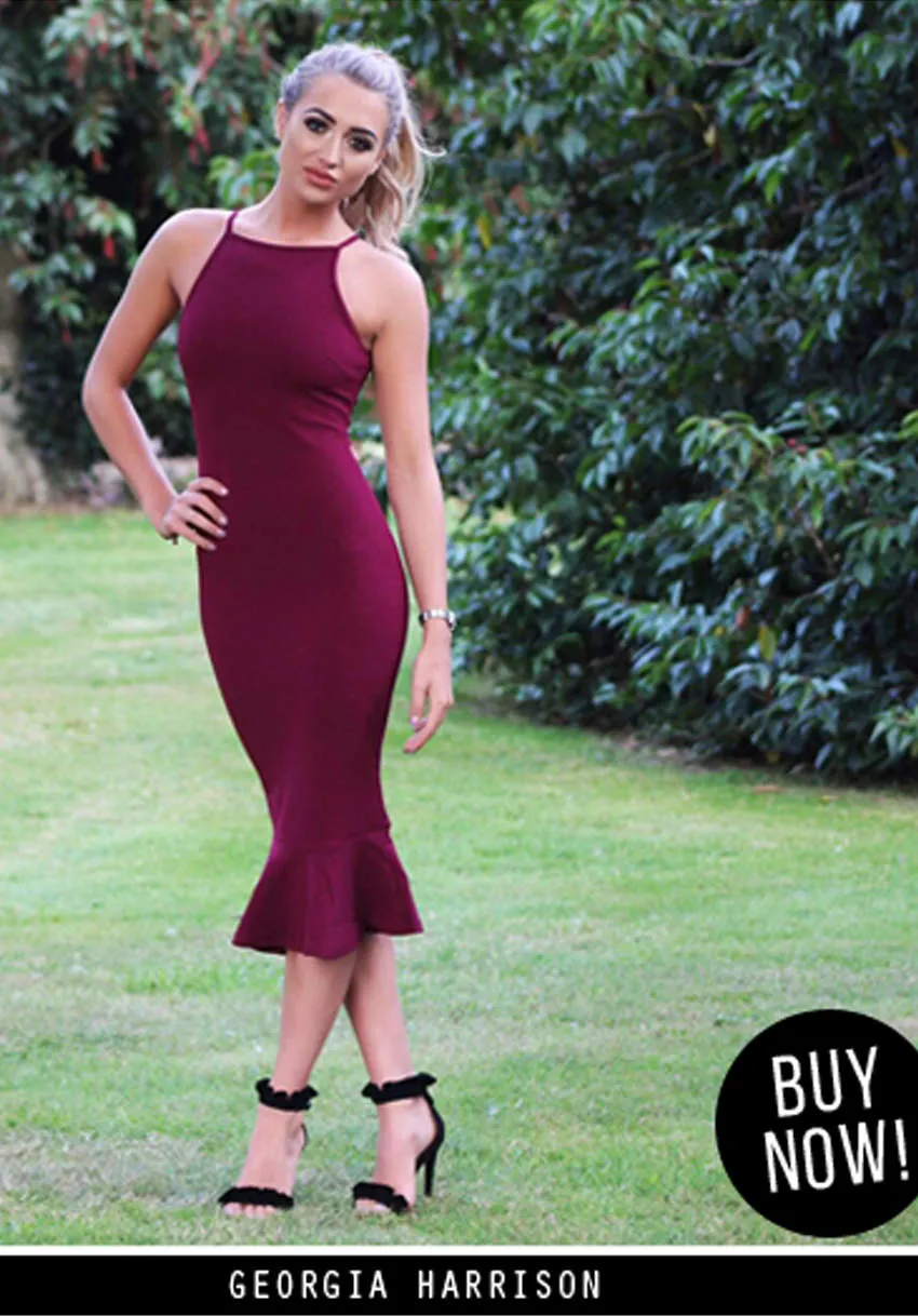 Plum Bodycon Midi Dress With Frill Hem