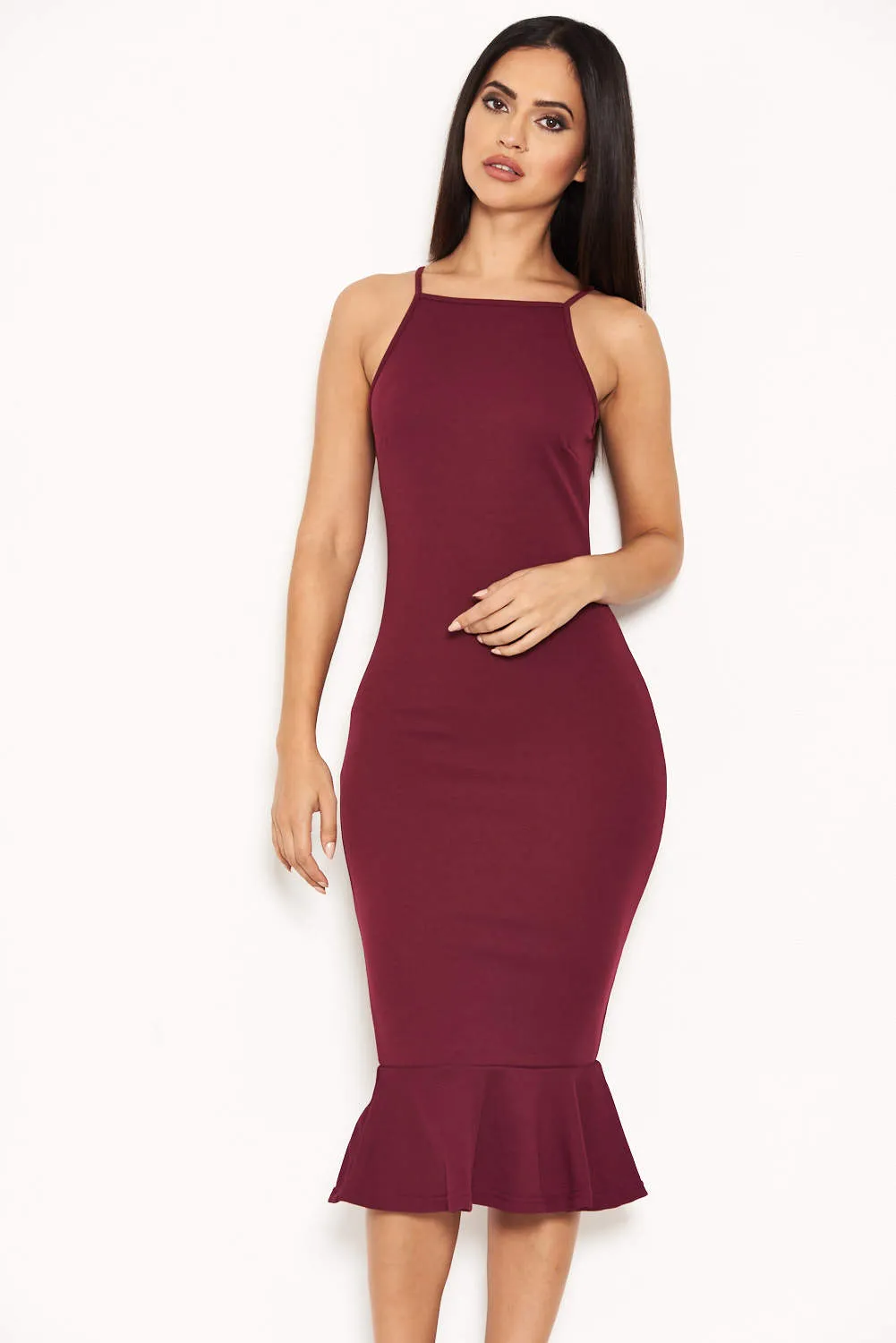 Plum Bodycon Midi Dress With Frill Hem