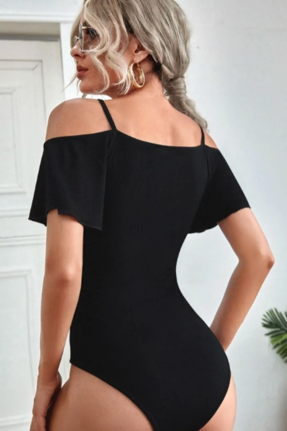 Plunge Cold Shoulder Flounce Sleeve Bodysuit