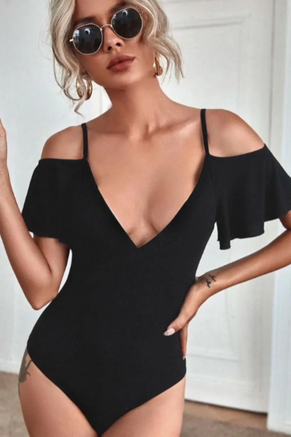 Plunge Cold Shoulder Flounce Sleeve Bodysuit