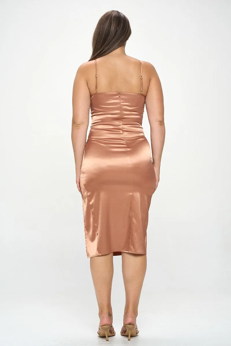 Plus Size Elegant Satin Copper Midi Dress