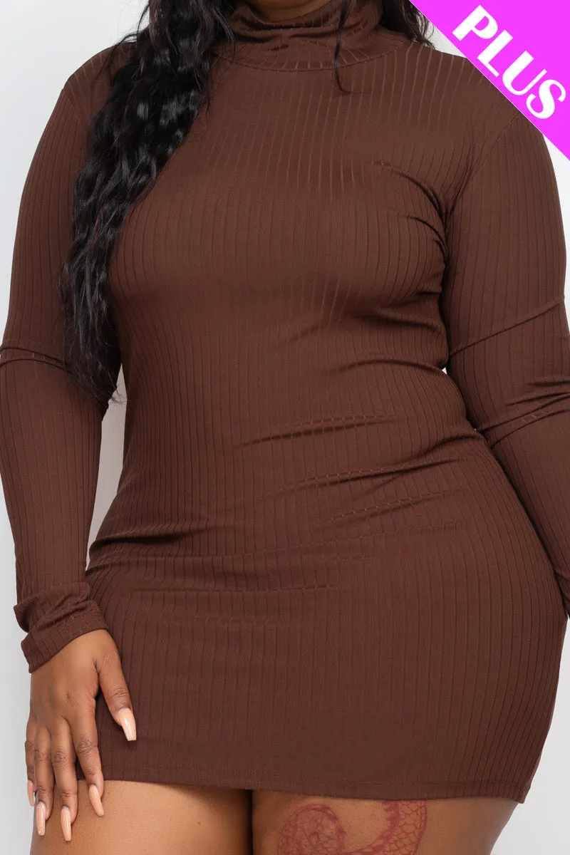 Plus Size Ribbed Long Sleeve Mock neck Mini Bodycon Dress