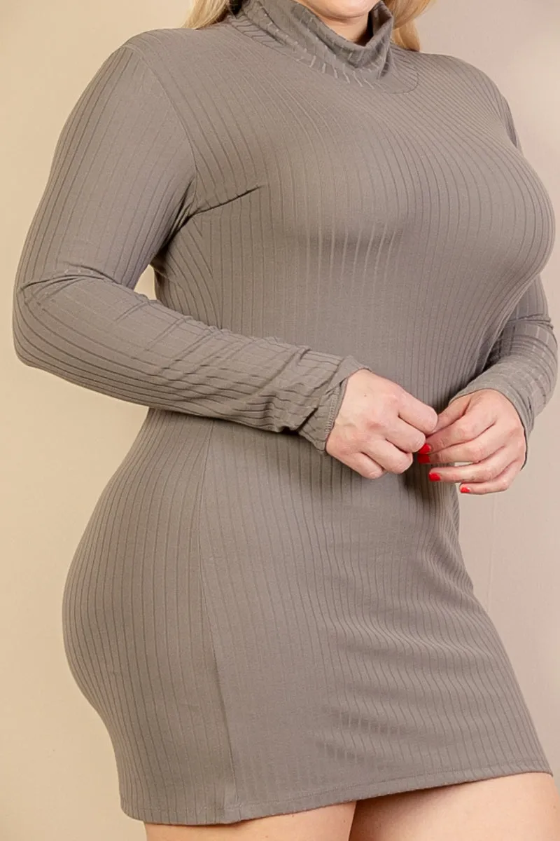 Plus Size Ribbed Long Sleeve Mock neck Mini Bodycon Dress