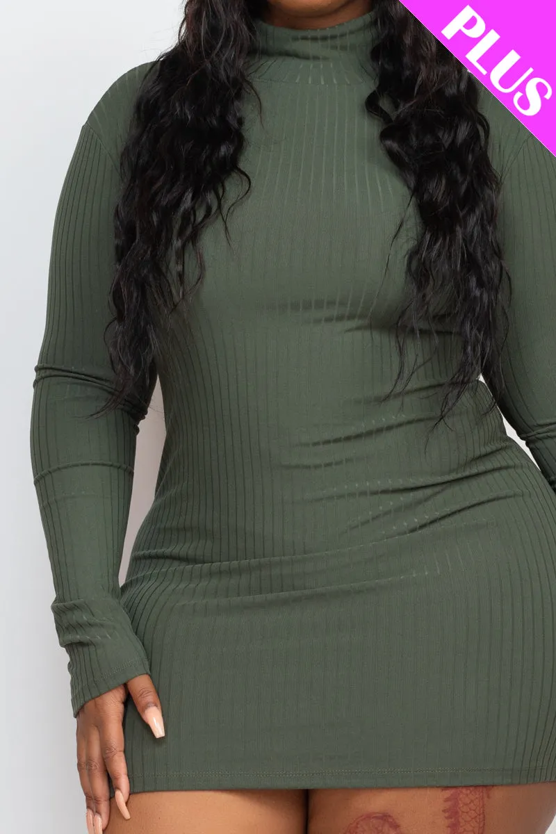 Plus Size Ribbed Long Sleeve Mock neck Mini Bodycon Dress