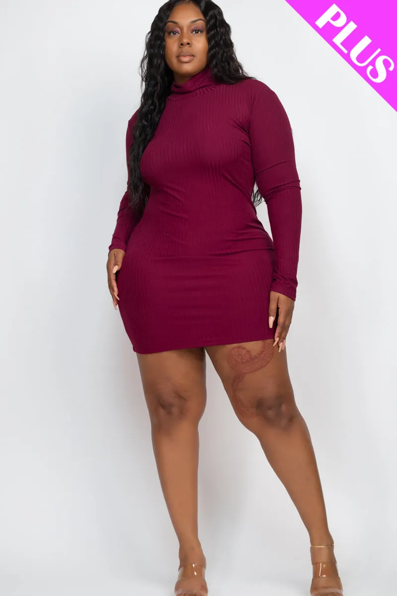 Plus Size Ribbed Long Sleeve Mock neck Mini Bodycon Dress