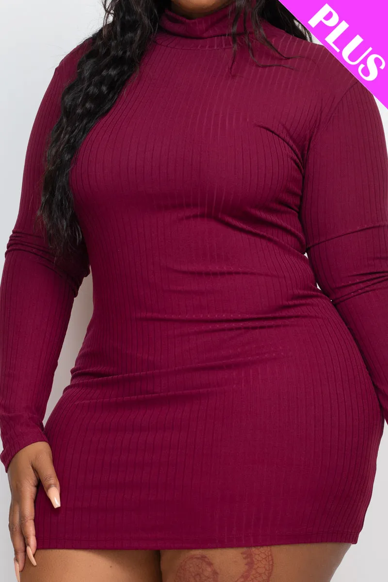 Plus Size Ribbed Long Sleeve Mock neck Mini Bodycon Dress