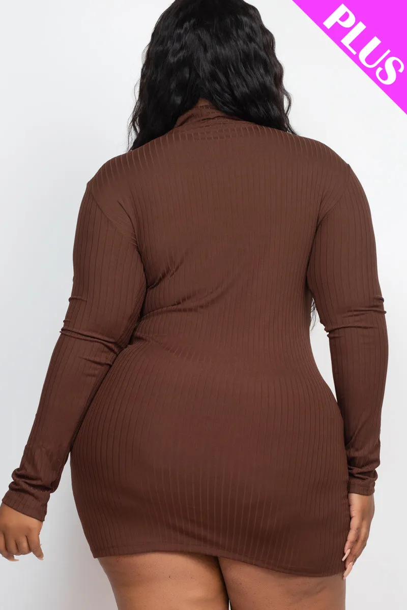 Plus Size Ribbed Long Sleeve Mock neck Mini Bodycon Dress