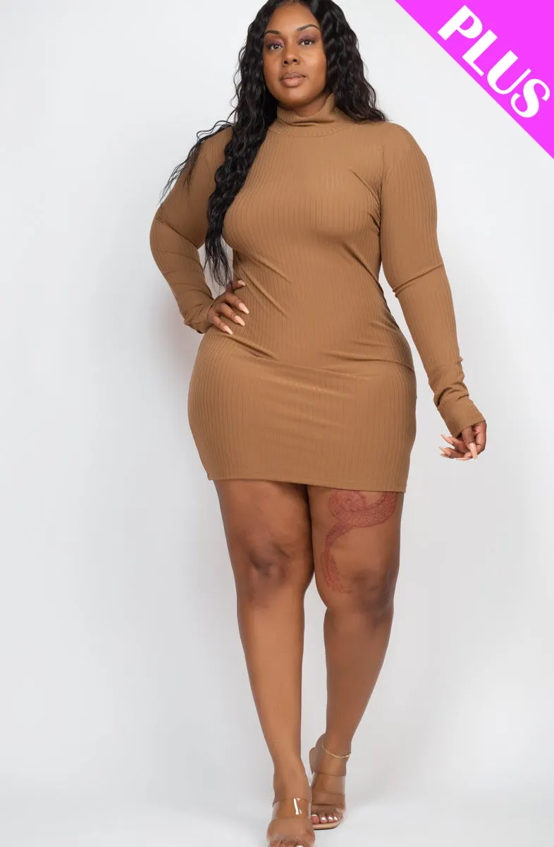 Plus Size Ribbed Long Sleeve Mock neck Mini Bodycon Dress