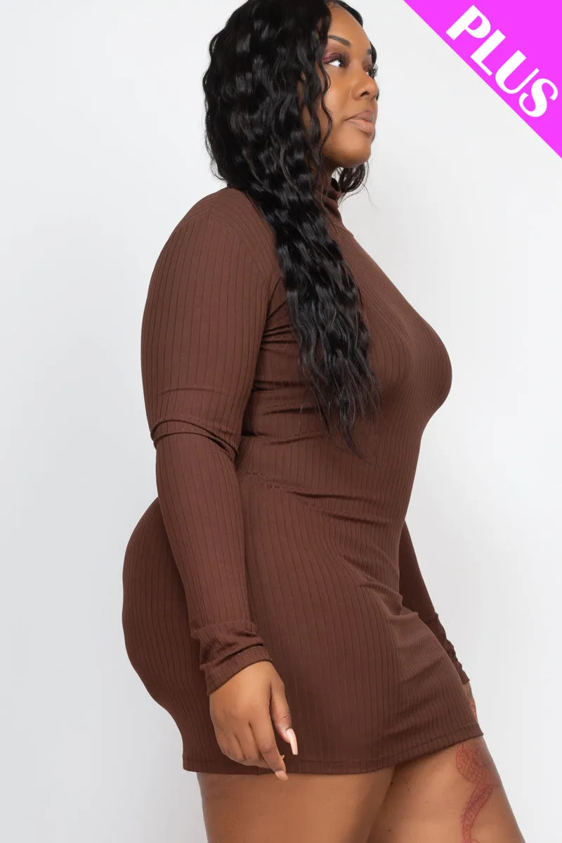 Plus Size Ribbed Long Sleeve Mock neck Mini Bodycon Dress