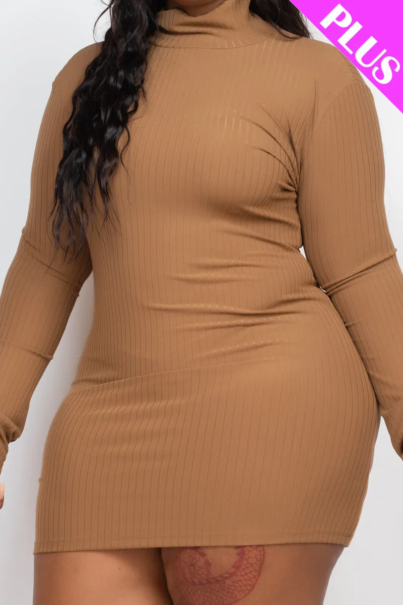 Plus Size Ribbed Long Sleeve Mock neck Mini Bodycon Dress