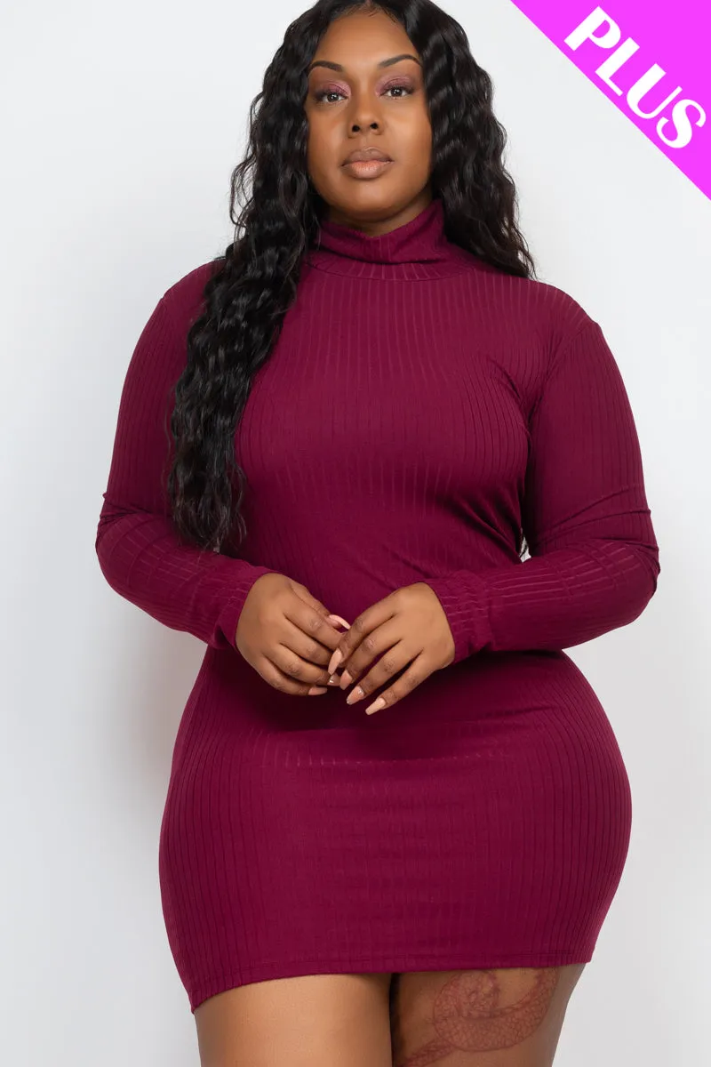 Plus Size Ribbed Long Sleeve Mock neck Mini Bodycon Dress