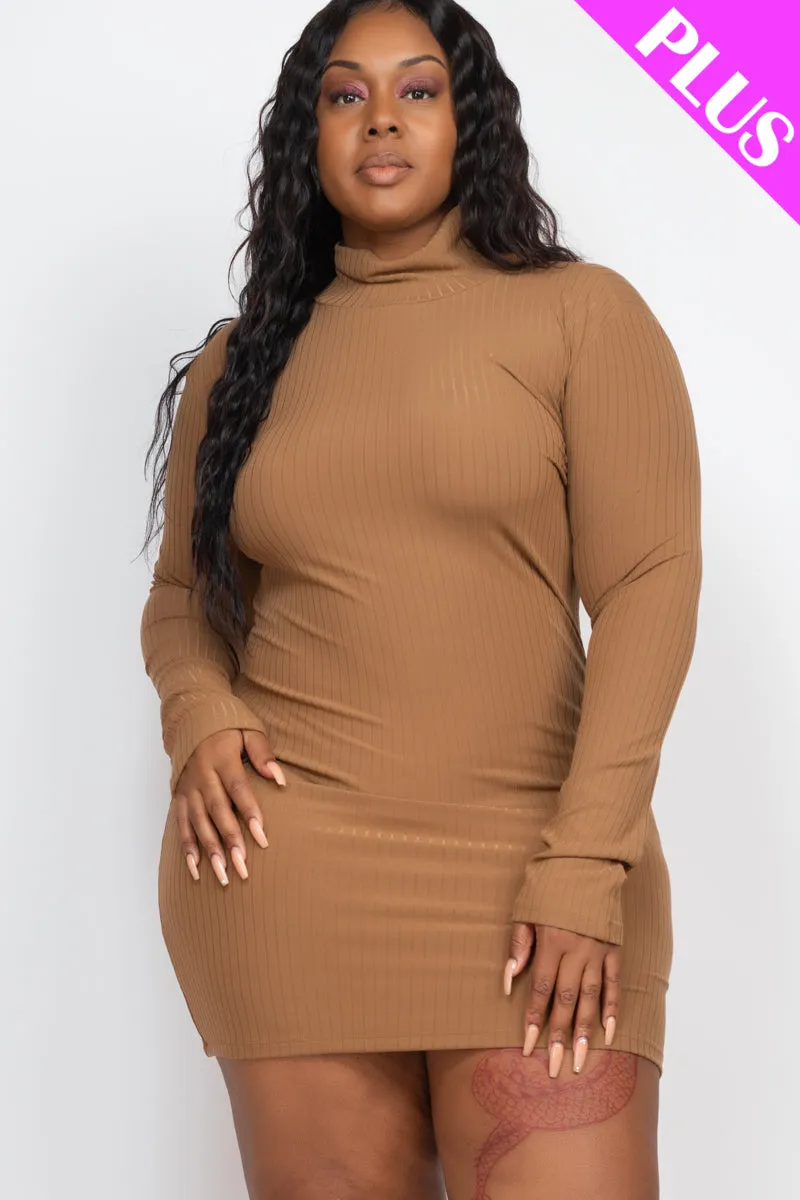 Plus Size Ribbed Long Sleeve Mock neck Mini Bodycon Dress