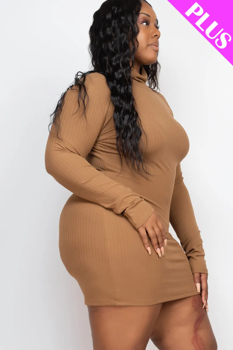 Plus Size Ribbed Long Sleeve Mock neck Mini Bodycon Dress