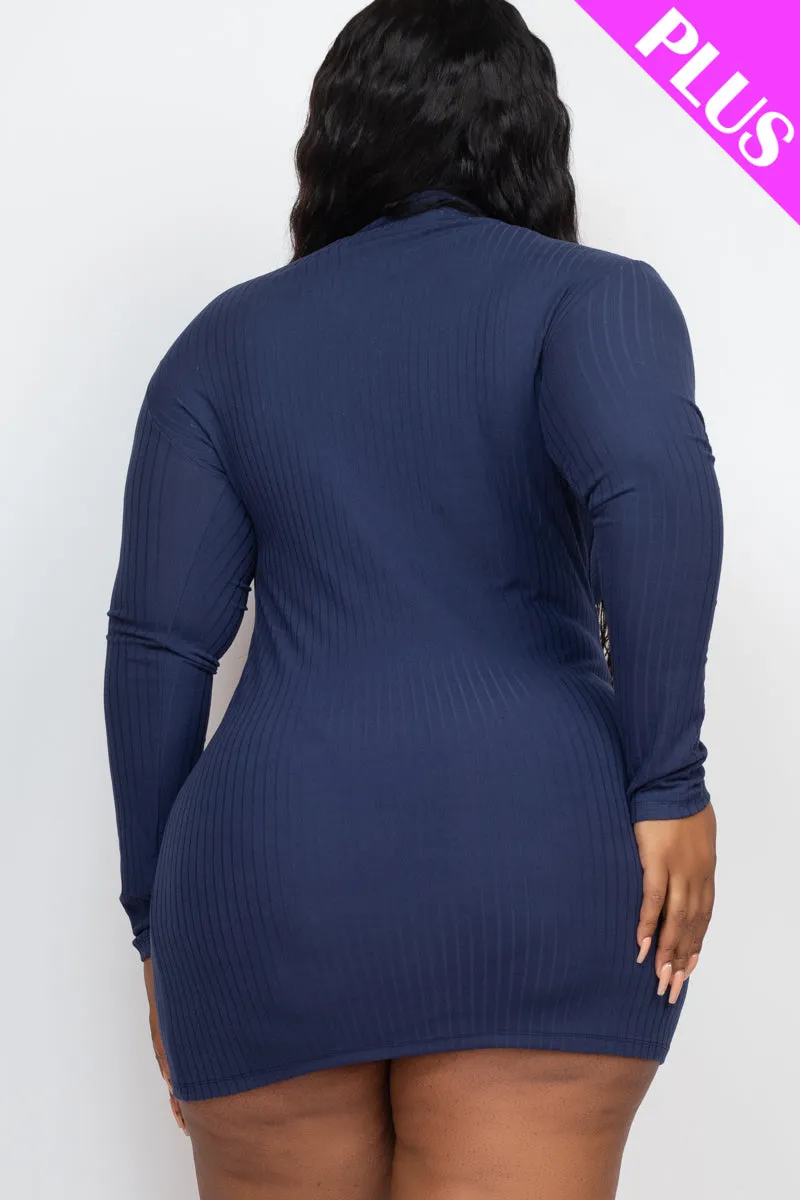 Plus Size Ribbed Long Sleeve Mock neck Mini Bodycon Dress