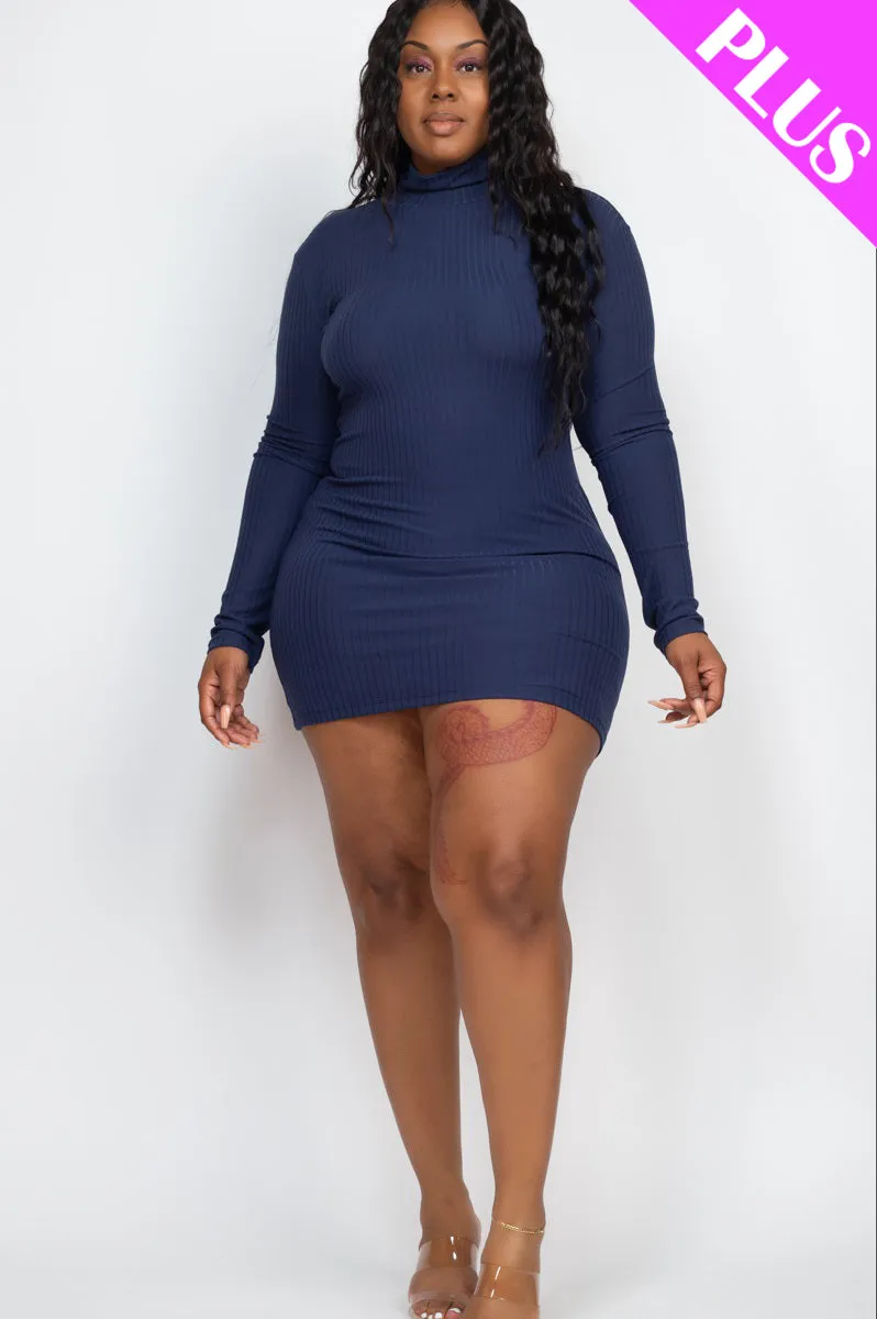 Plus Size Ribbed Long Sleeve Mock neck Mini Bodycon Dress