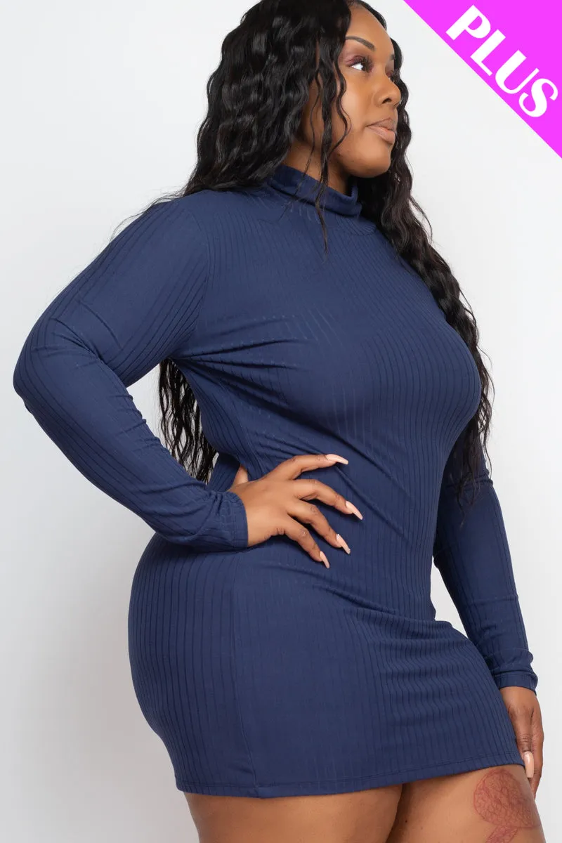 Plus Size Ribbed Long Sleeve Mock neck Mini Bodycon Dress