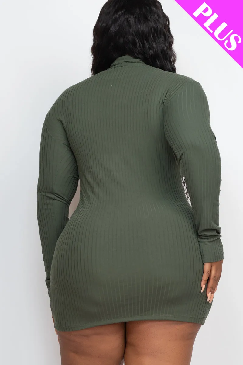 Plus Size Ribbed Long Sleeve Mock neck Mini Bodycon Dress