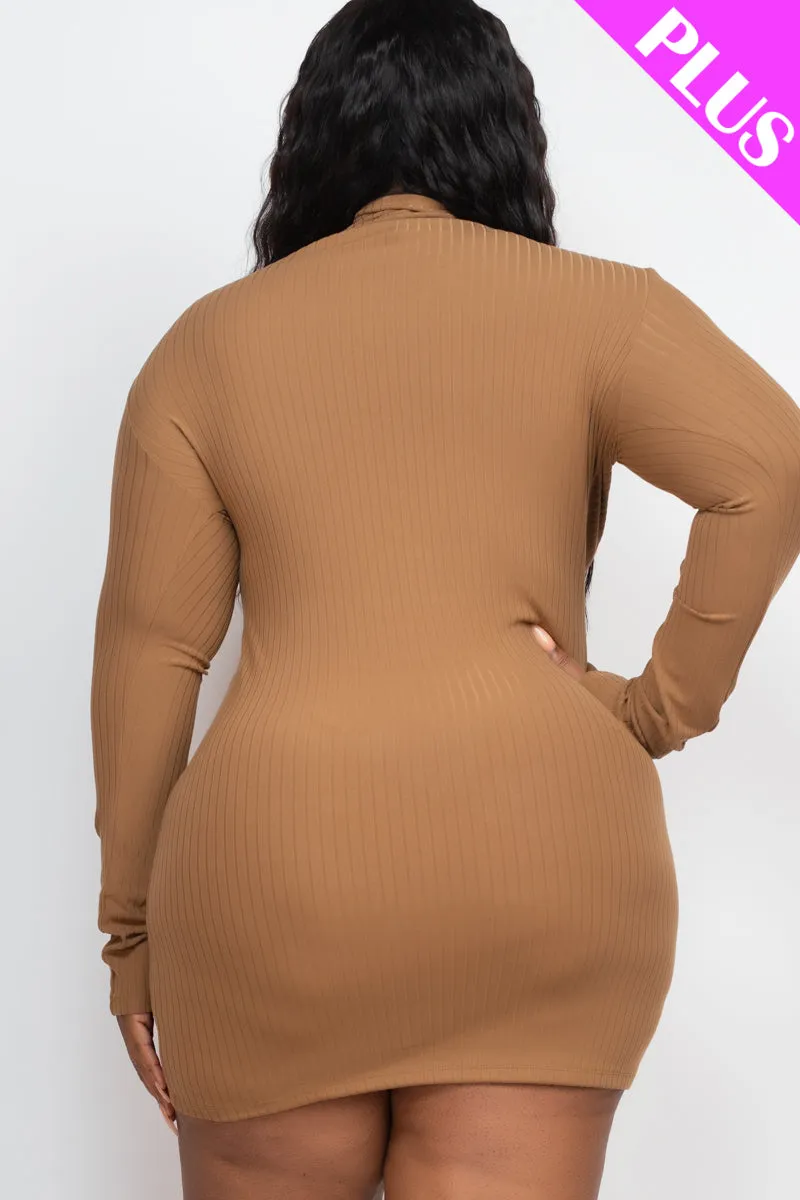 Plus Size Ribbed Long Sleeve Mock neck Mini Bodycon Dress