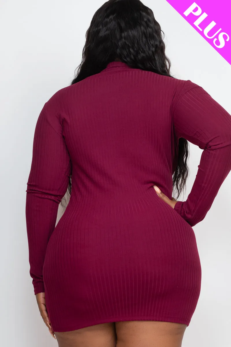 Plus Size Ribbed Long Sleeve Mock neck Mini Bodycon Dress