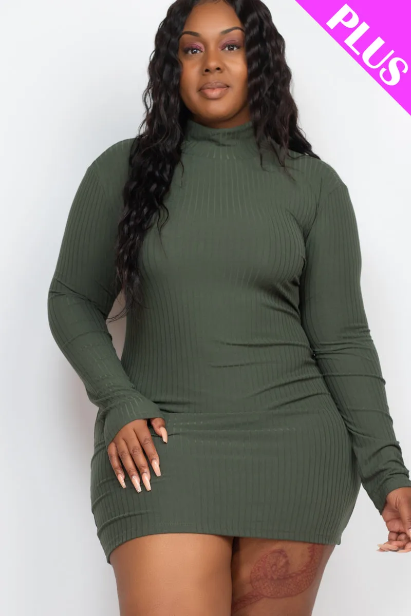 Plus Size Ribbed Long Sleeve Mock neck Mini Bodycon Dress