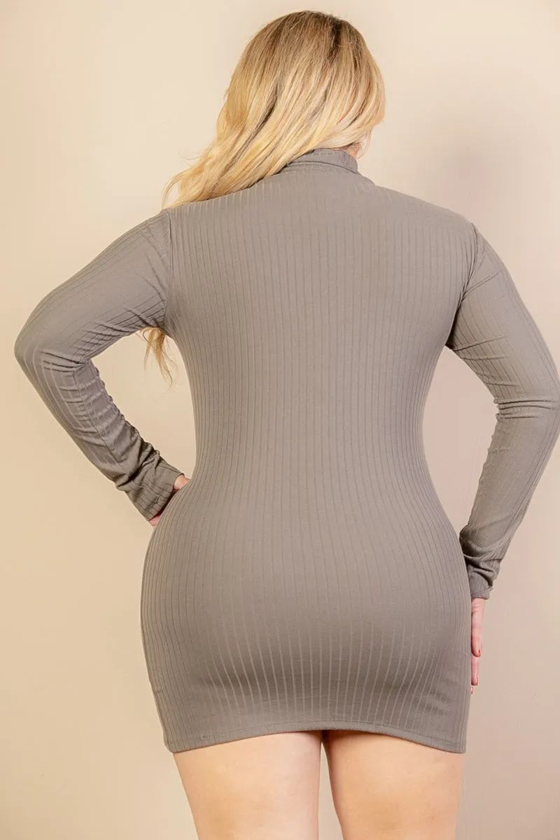 Plus Size Ribbed Long Sleeve Mock neck Mini Bodycon Dress