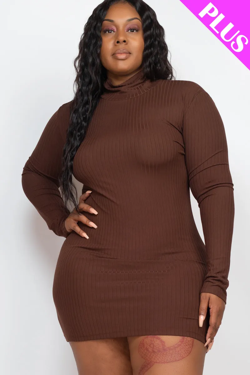 Plus Size Ribbed Long Sleeve Mock neck Mini Bodycon Dress