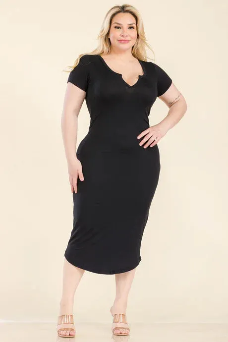 Plus Size Split Neck Bodycon Midi Dress