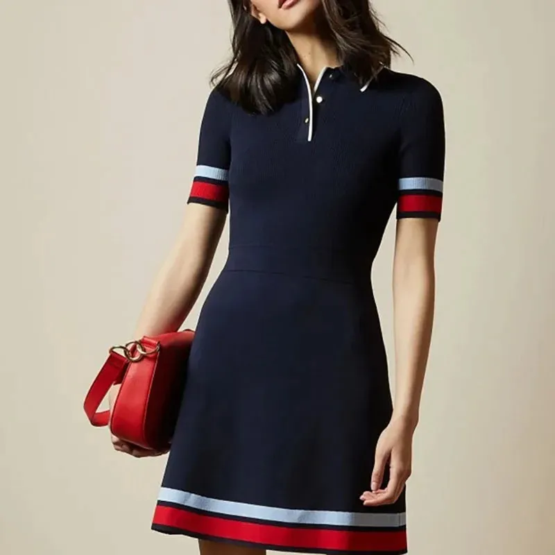 Pre Order:  Striped Patchwork A-Line Polo Dress