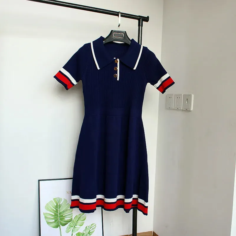 Pre Order:  Striped Patchwork A-Line Polo Dress