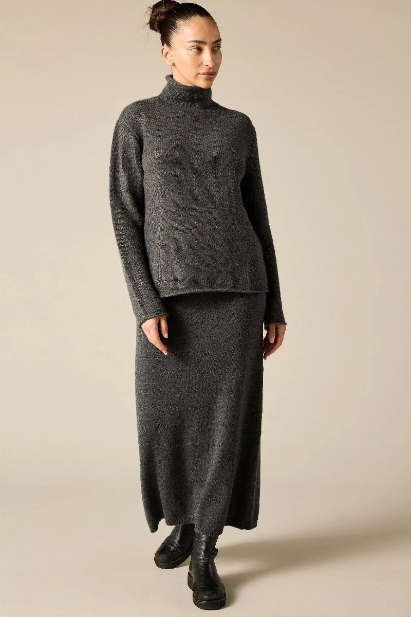 Pure Cashmere Maxi Skirt in Charcoal Marle Grey