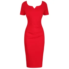 Red Sweetheart Short Sleeve Bodycon Panelled Ruched Wiggle Dress