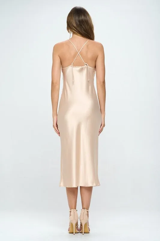 RENEE C. Romantic Formal Satin Bias Slip Dress with Slit