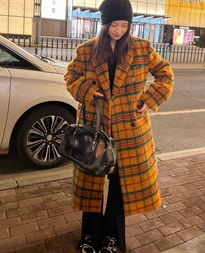 Retro Colorful Plaid Double-Breasted Woolen Trench Coat