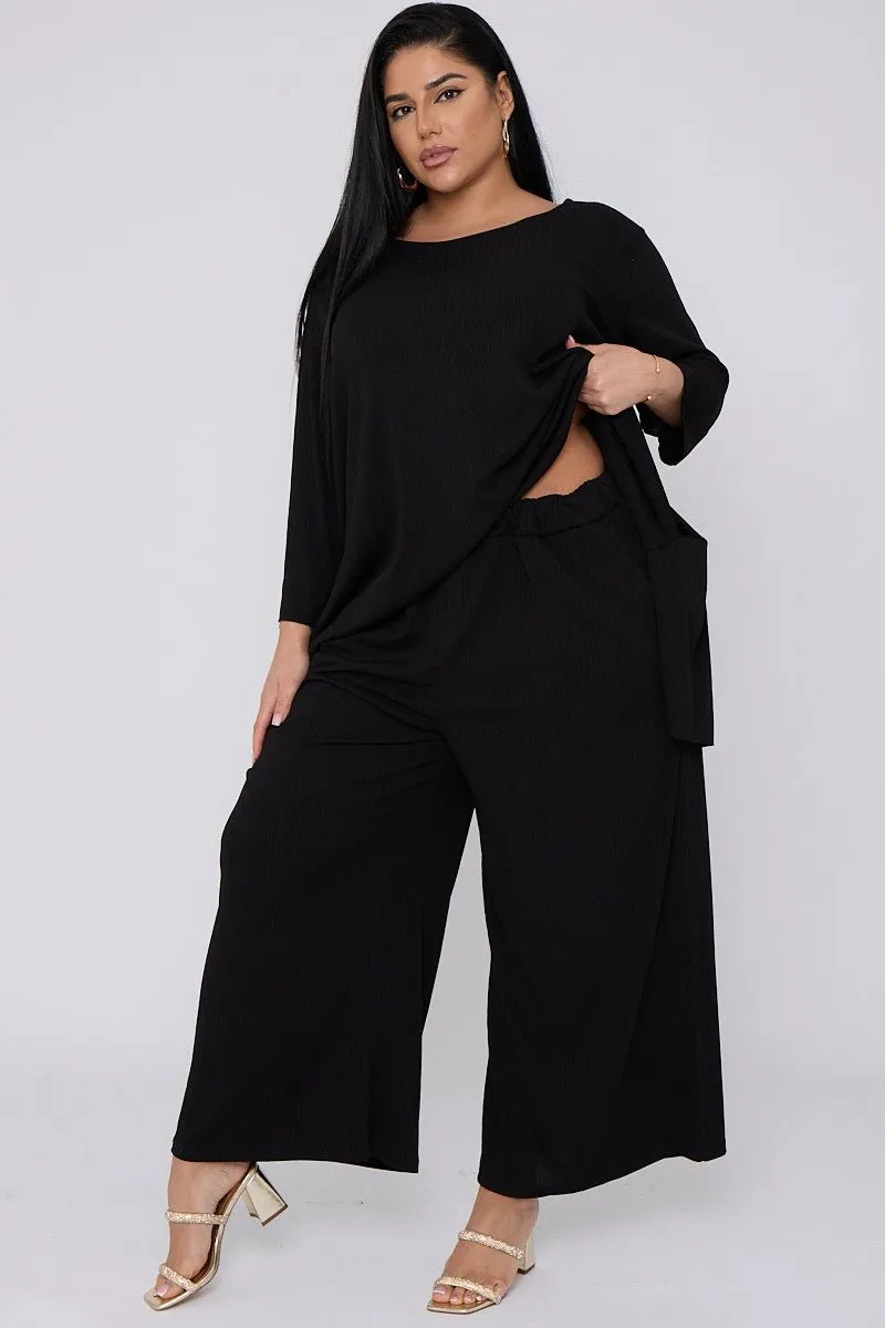 Rhea 2 Piece Co Ord Set With Asymmetric Hem Top & Wide Leg Trousers - PLUS SIZE