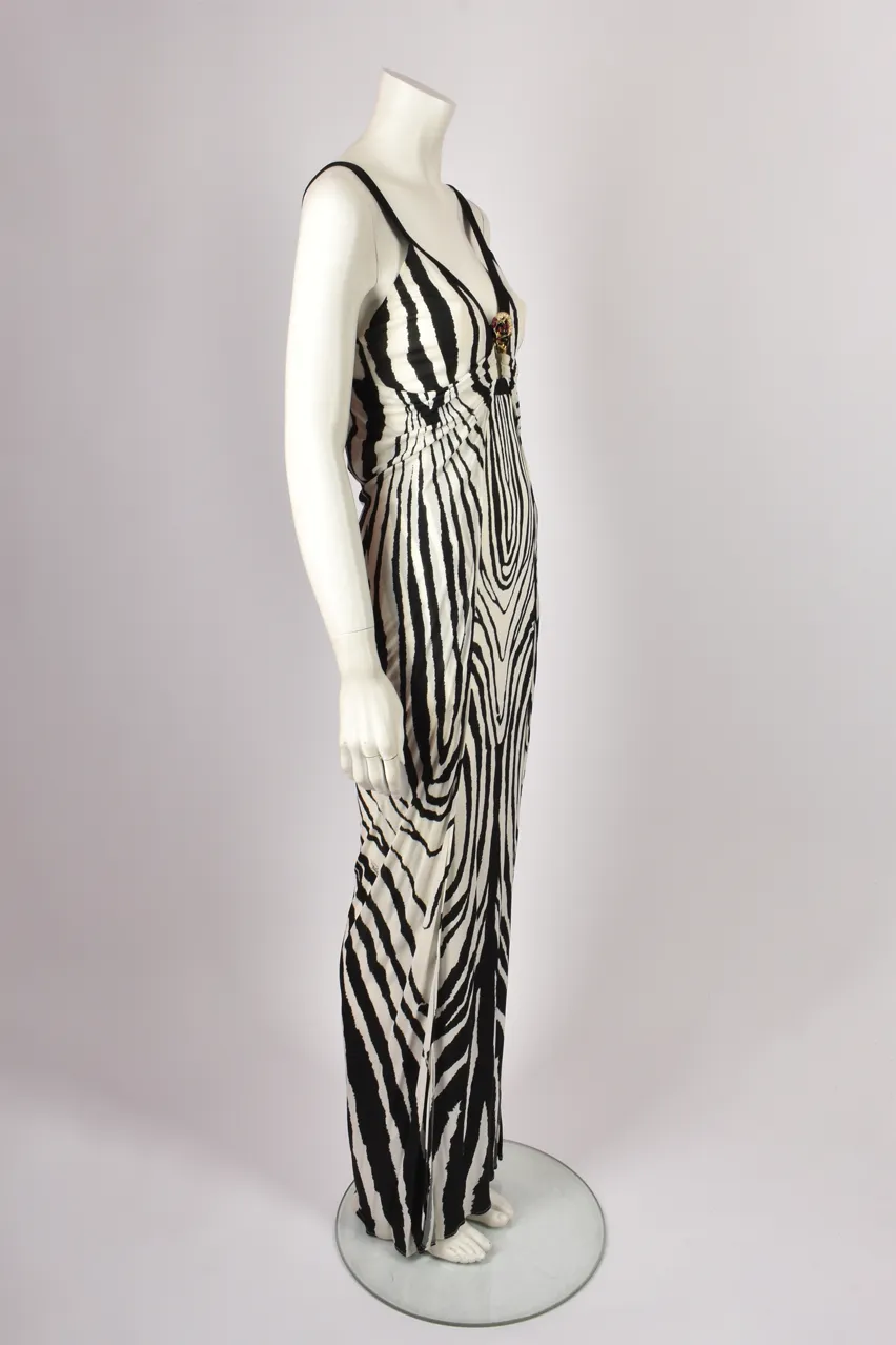 ROBERTO CAVALLI ZEBRA PRINT DRESS WITH FRONT BROOCH