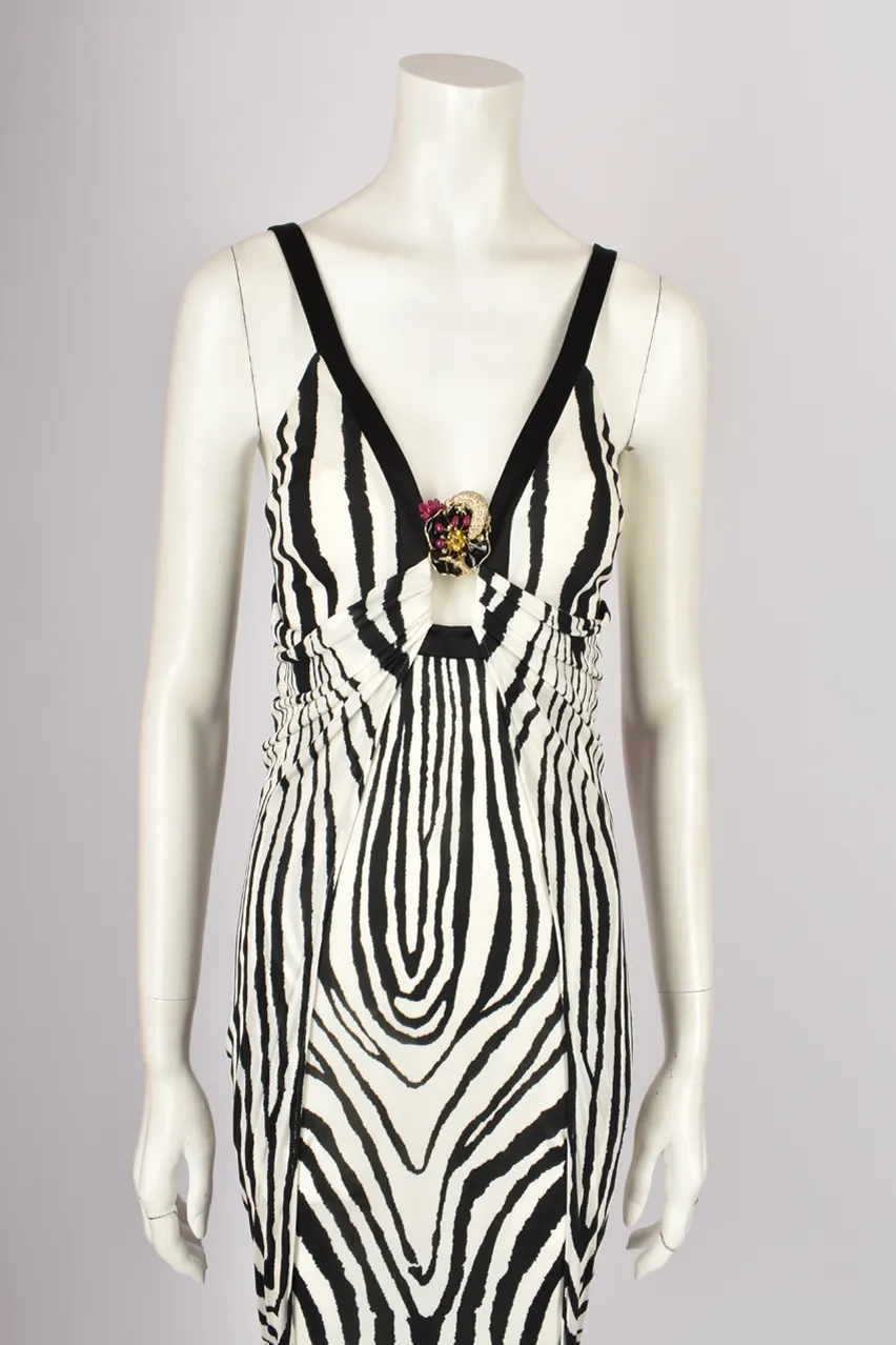 ROBERTO CAVALLI ZEBRA PRINT DRESS WITH FRONT BROOCH