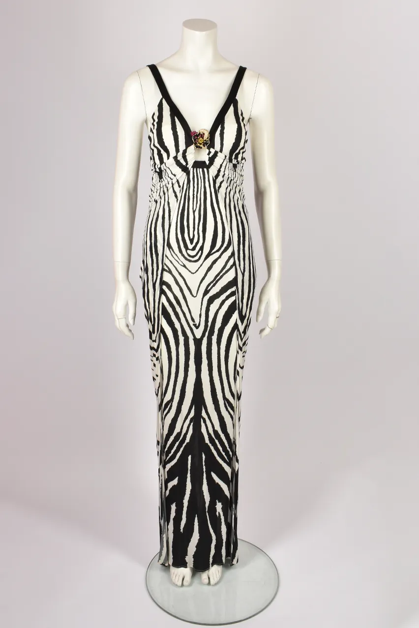 ROBERTO CAVALLI ZEBRA PRINT DRESS WITH FRONT BROOCH