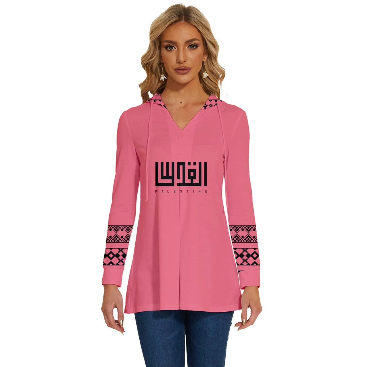 Rose Long Sleeve Drawstring Hooded Top