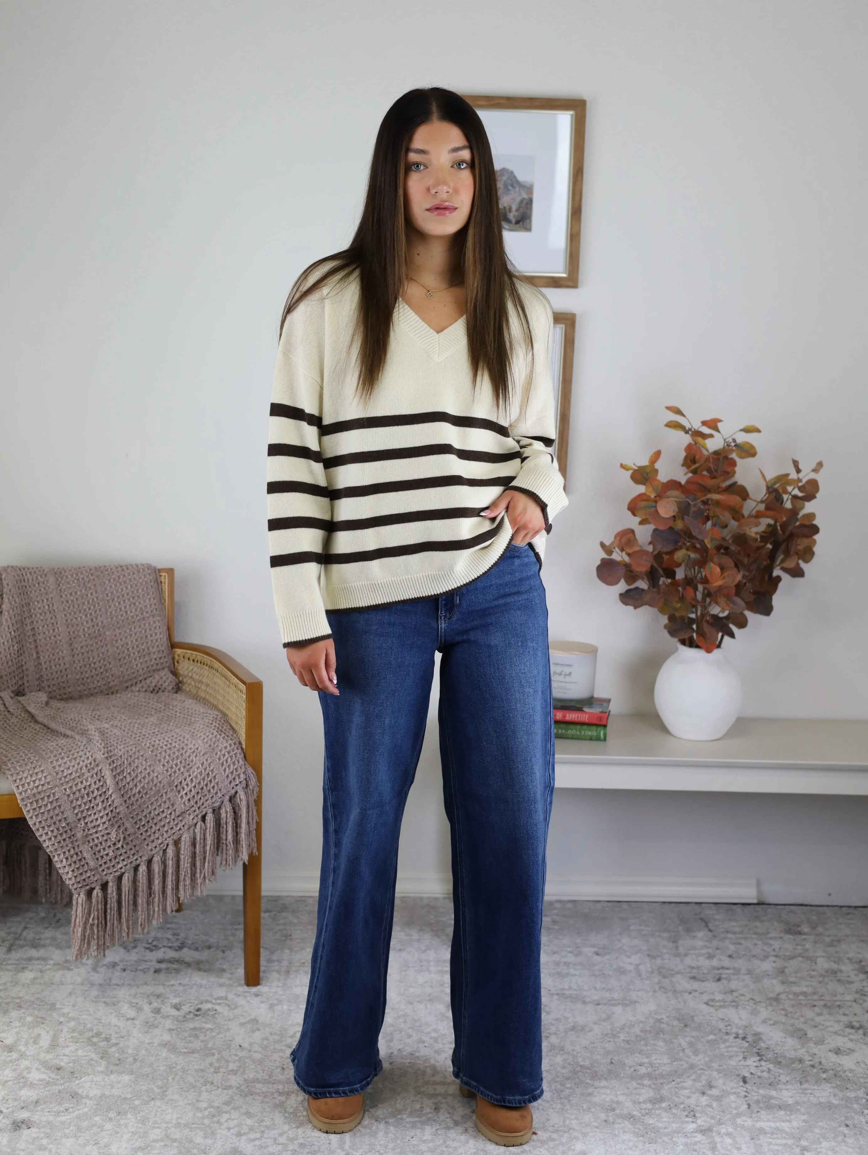 Rossi Stripe V Neck Sweater