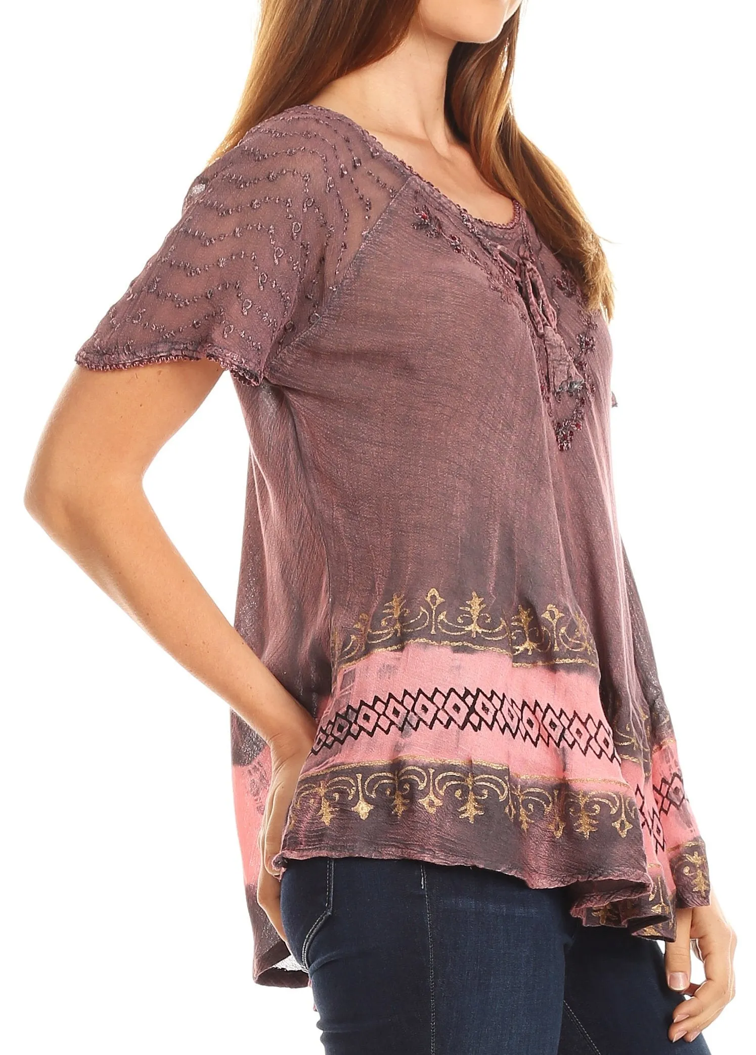 Sakkas Diane Short Sleeve Slim Top Blouse with Sequin Embroidery & Golden Print