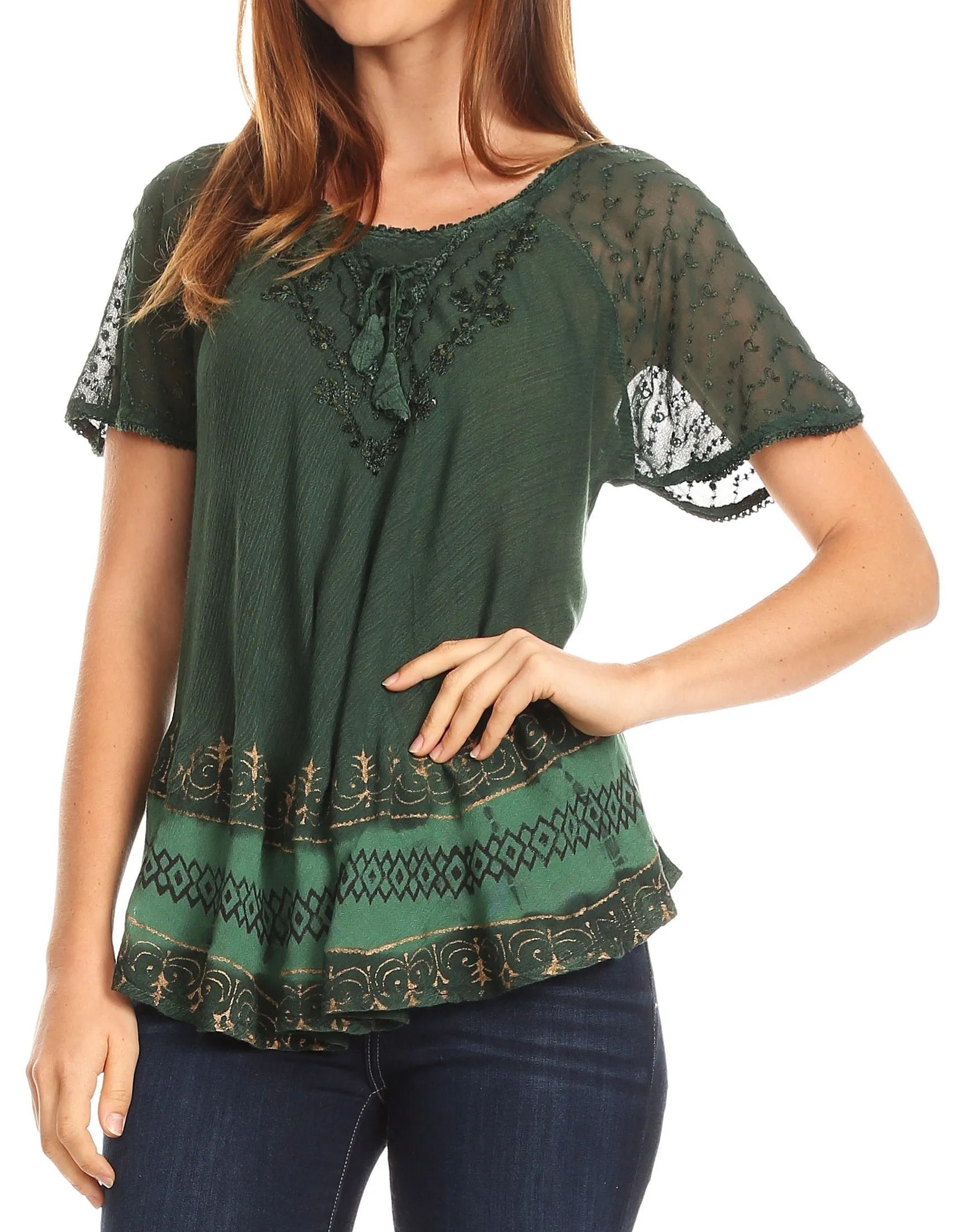 Sakkas Diane Short Sleeve Slim Top Blouse with Sequin Embroidery & Golden Print