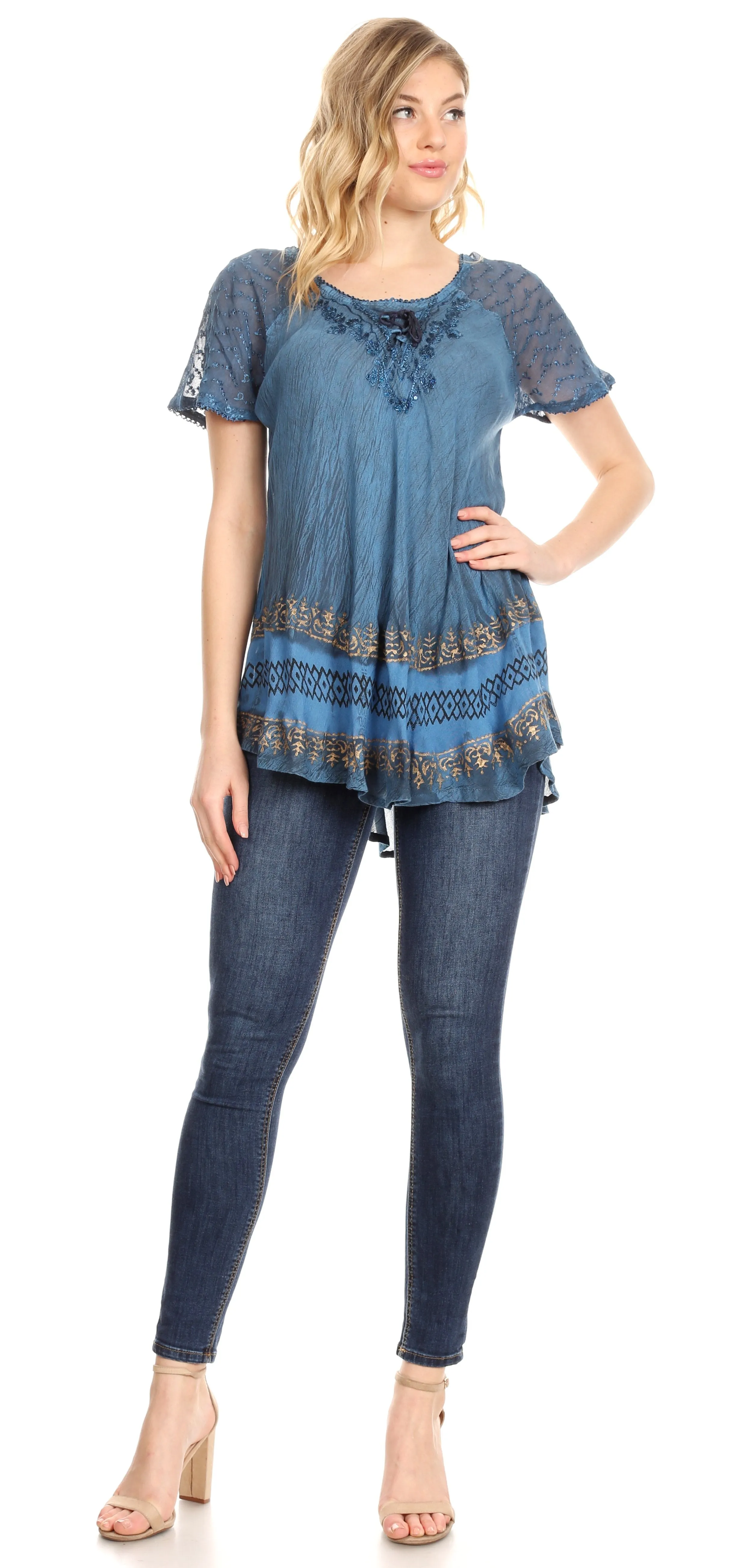 Sakkas Diane Short Sleeve Slim Top Blouse with Sequin Embroidery & Golden Print