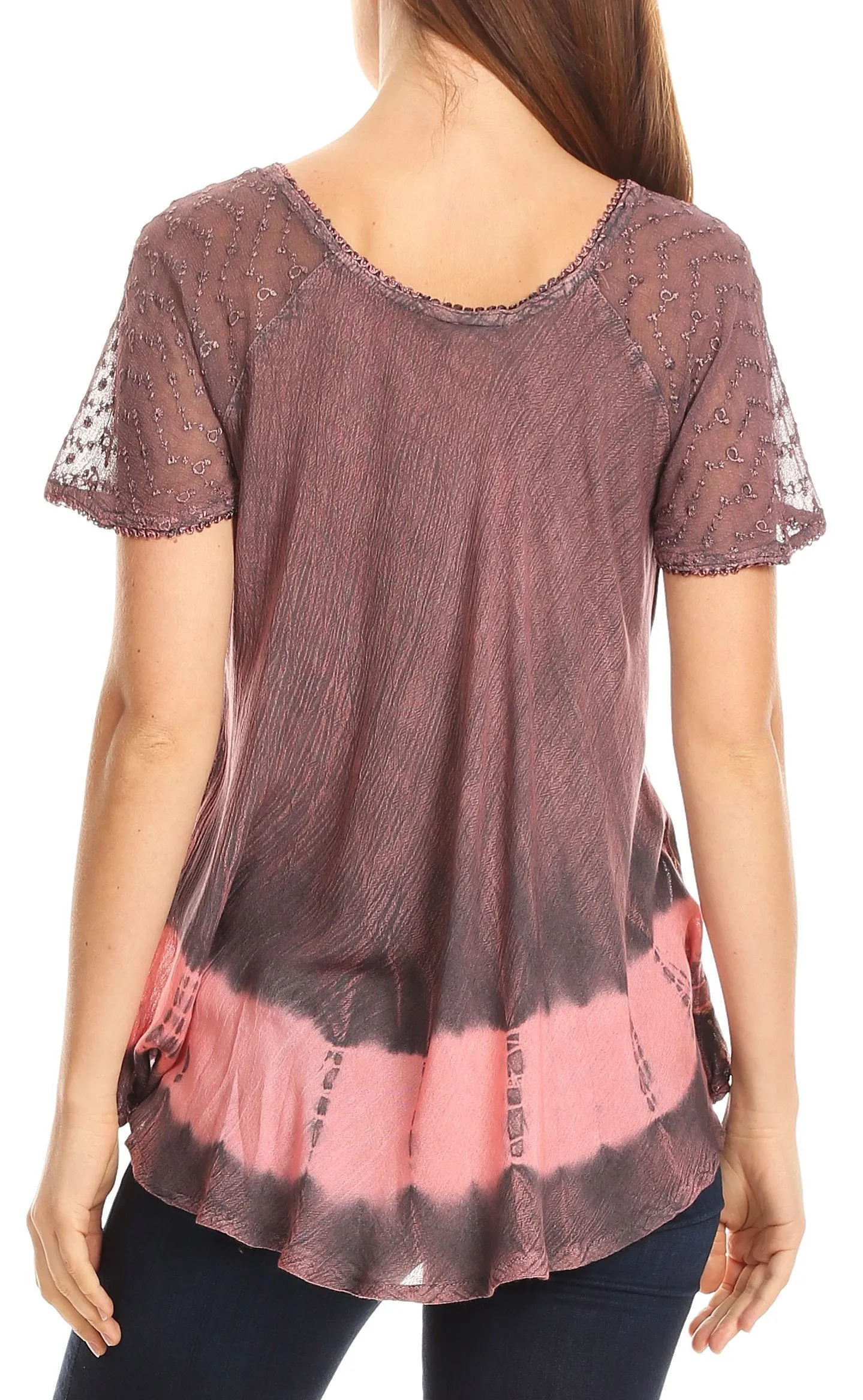 Sakkas Diane Short Sleeve Slim Top Blouse with Sequin Embroidery & Golden Print