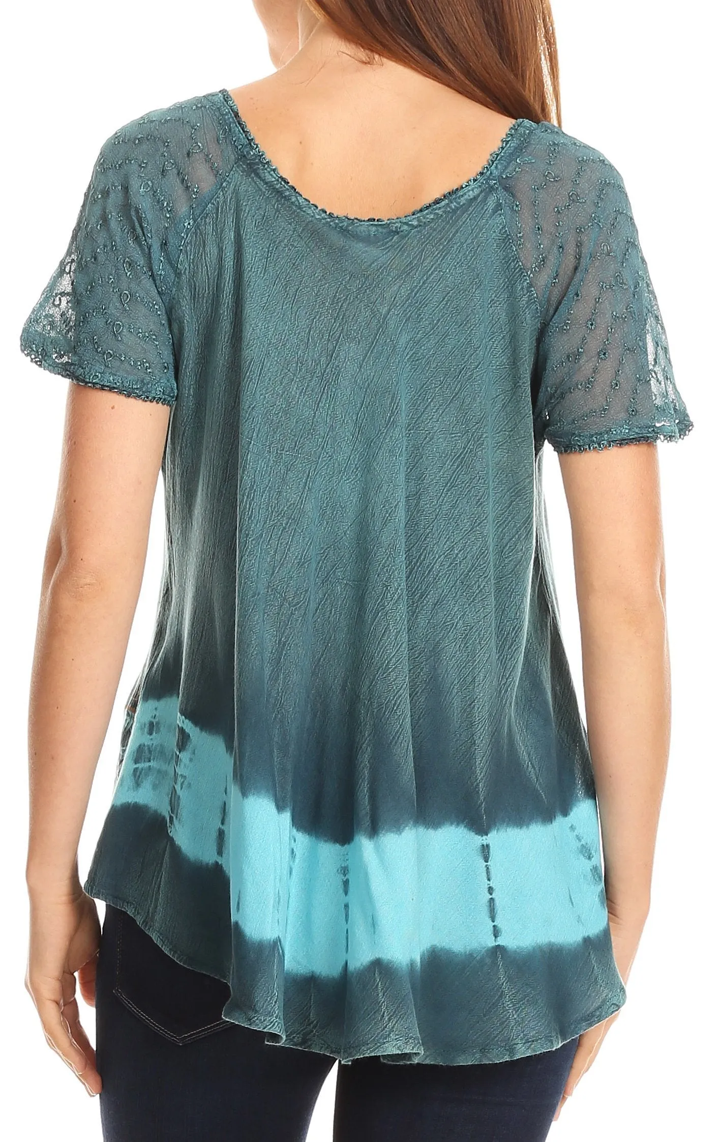 Sakkas Diane Short Sleeve Slim Top Blouse with Sequin Embroidery & Golden Print