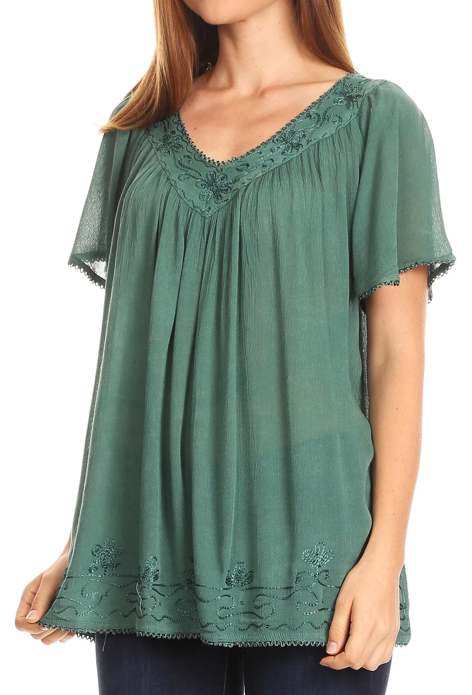 Sakkas Emma Crinkle V-neck Short Sleeve Top Blouse with Embroidery and Sequin