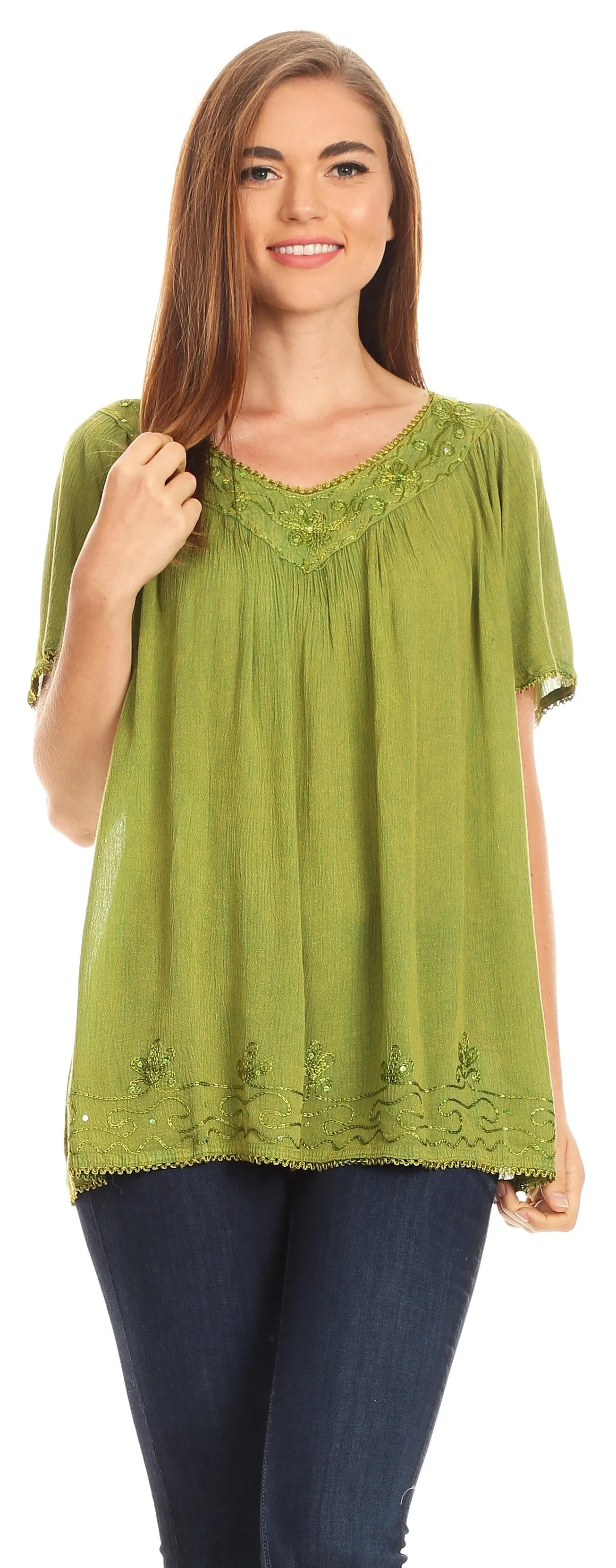 Sakkas Emma Crinkle V-neck Short Sleeve Top Blouse with Embroidery and Sequin