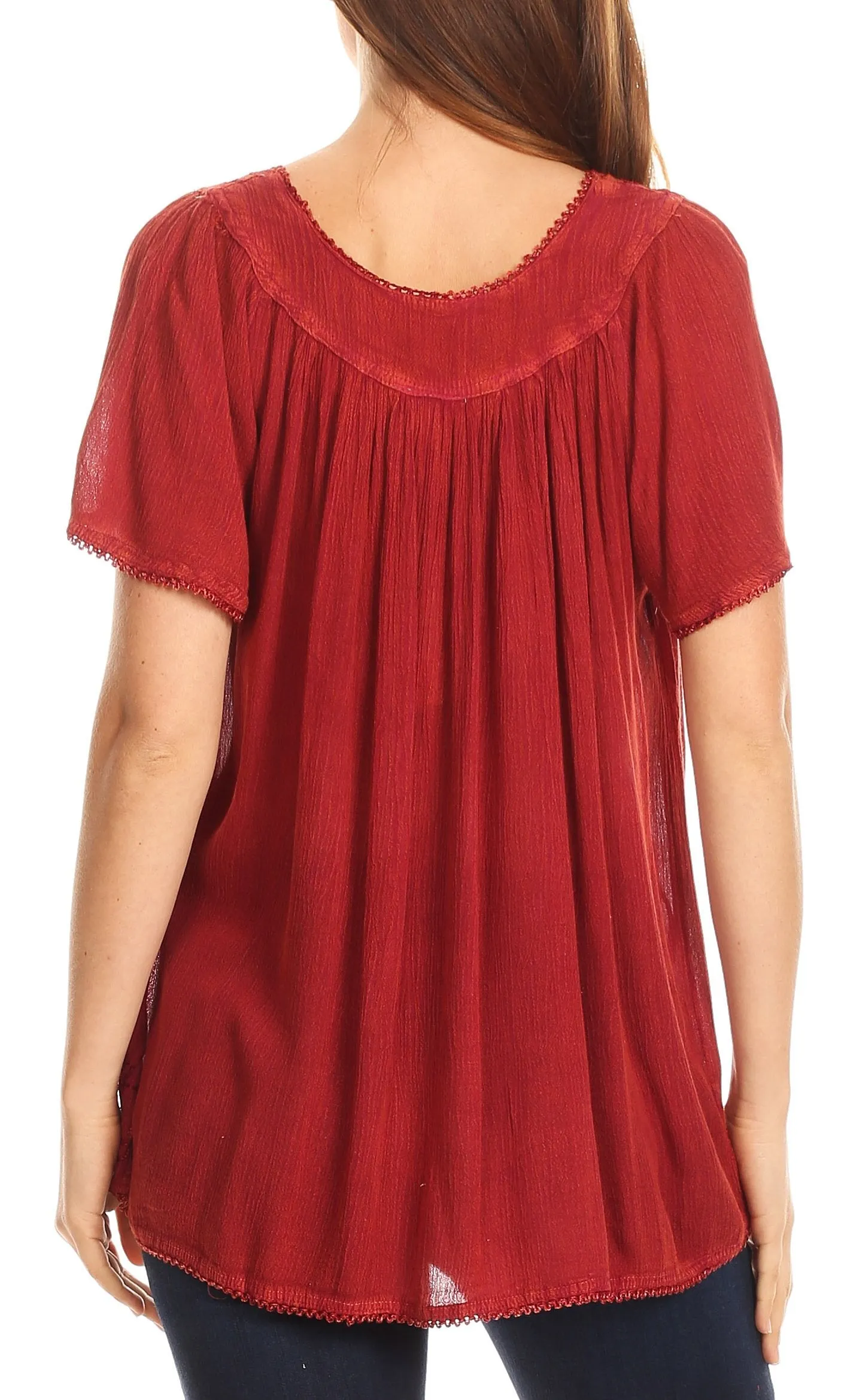 Sakkas Emma Crinkle V-neck Short Sleeve Top Blouse with Embroidery and Sequin